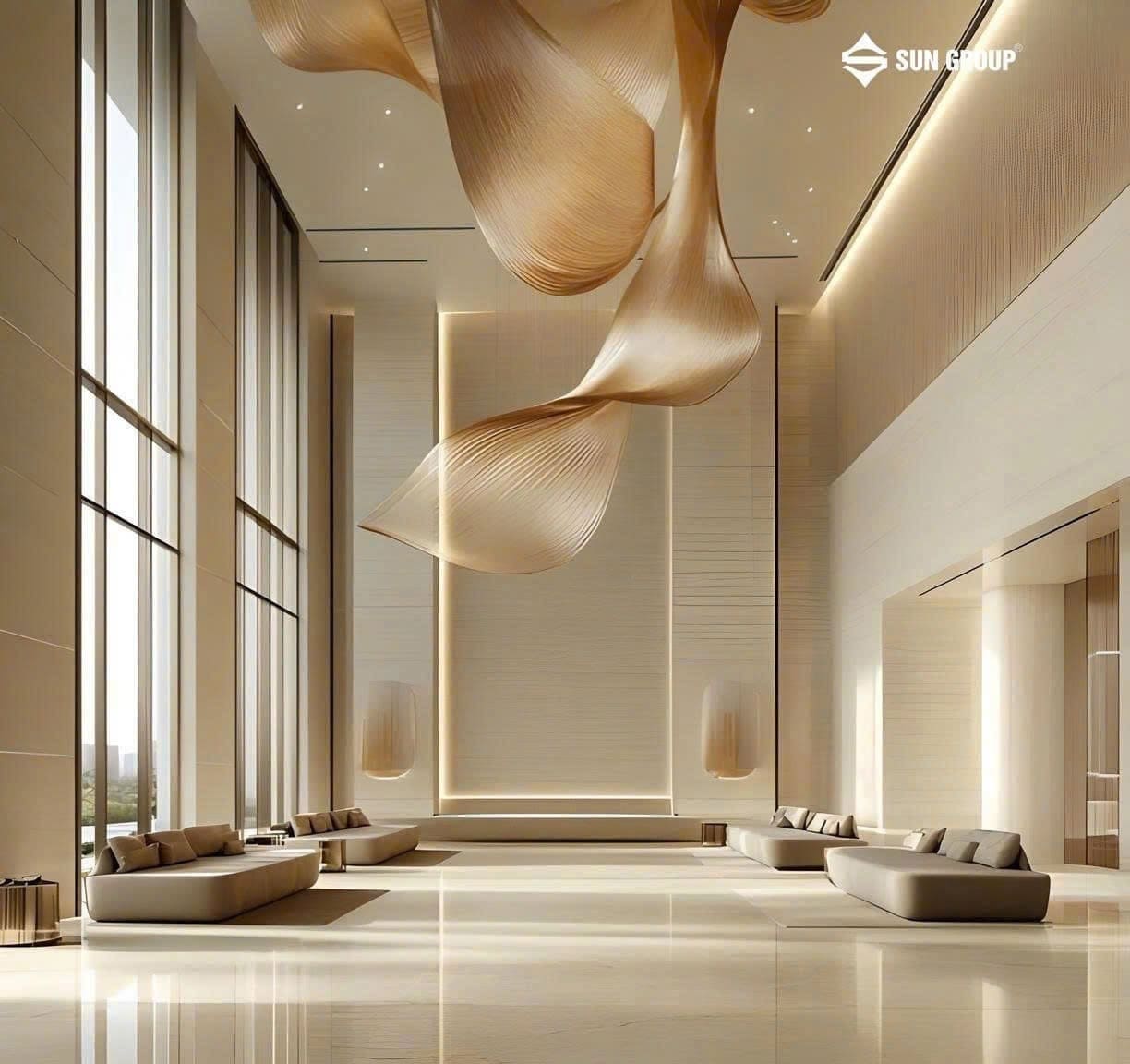 Phối cảnh đại sảnh cao 14m ốp đá cẩm thạch sang trọng tại dự án Sun Feliza Suites (Sun Grand City Cầu Giấy).