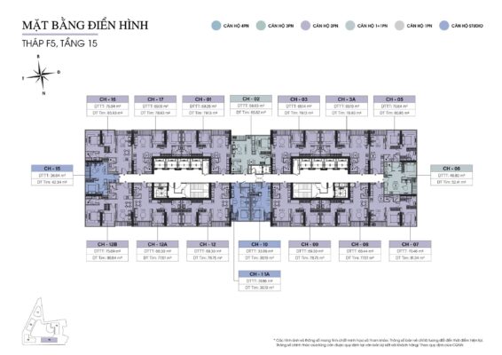 Mặt bằng chi tiết các căn hộ tại Tầng 15, Tháp F5, dự án Sun Feliza Suites Cầu Giấy