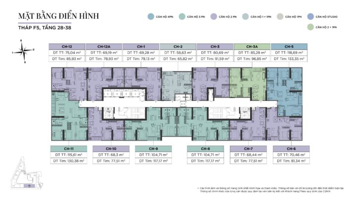 Mặt bằng điển hình Tháp F5 cho các tầng cao từ 28 đến 38, dự án Sun Feliza Suites.