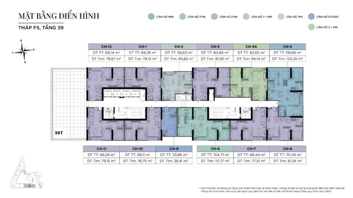 Mặt bằng căn hộ điển hình Tháp F5, Tầng 39, dự án Sun Feliza Suites (Sun Grand City Cầu Giấy).