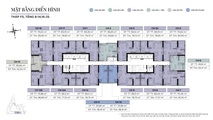 Mặt bằng điển hình Tháp F5 cho các tầng 8 đến 14 và 16 đến 25, dự án Sun Feliza Suites.