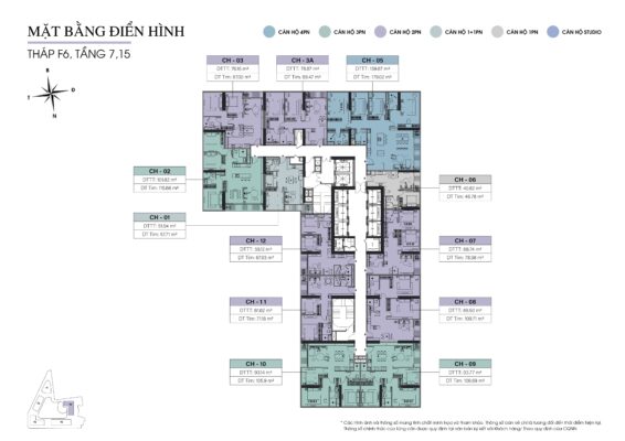 Mặt bằng điển hình các căn hộ tại Tầng 7 và 15, Tháp F6, dự án Sun Feliza Suites.