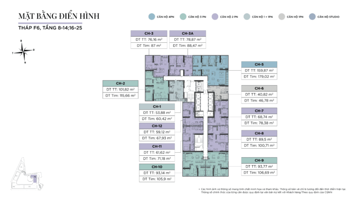 Mặt bằng điển hình Tháp F6 cho các tầng 8 đến 14 và 16 đến 25, dự án Sun Feliza Suites (Sun Grand City Cầu Giấy).