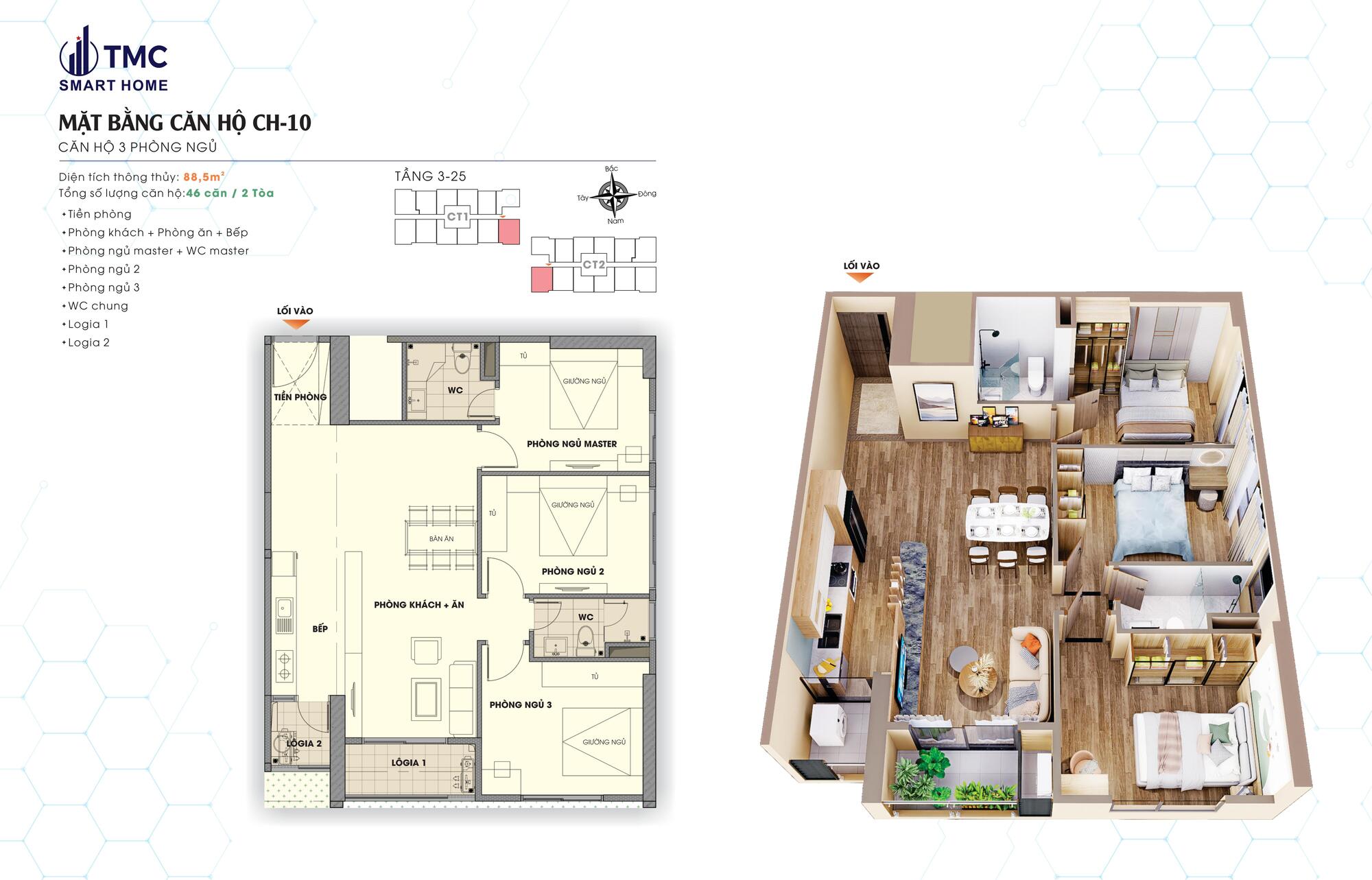 Mặt bằng chi tiết và layout 3D bóc mái căn hộ CH-10 (3 phòng ngủ, 88.5m²) dự án TMC Smart Home